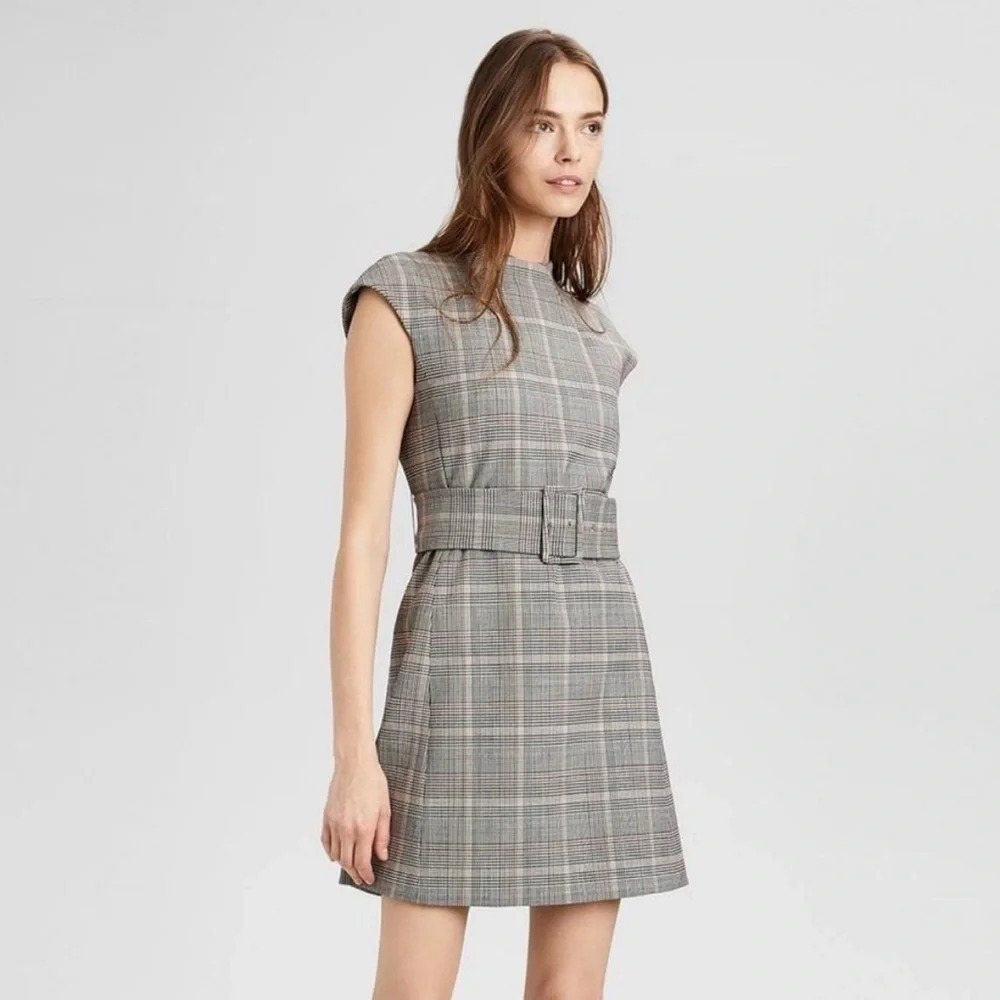 Theory Mod Belt Dress Ivory Deco Portland Plaid Size 10
